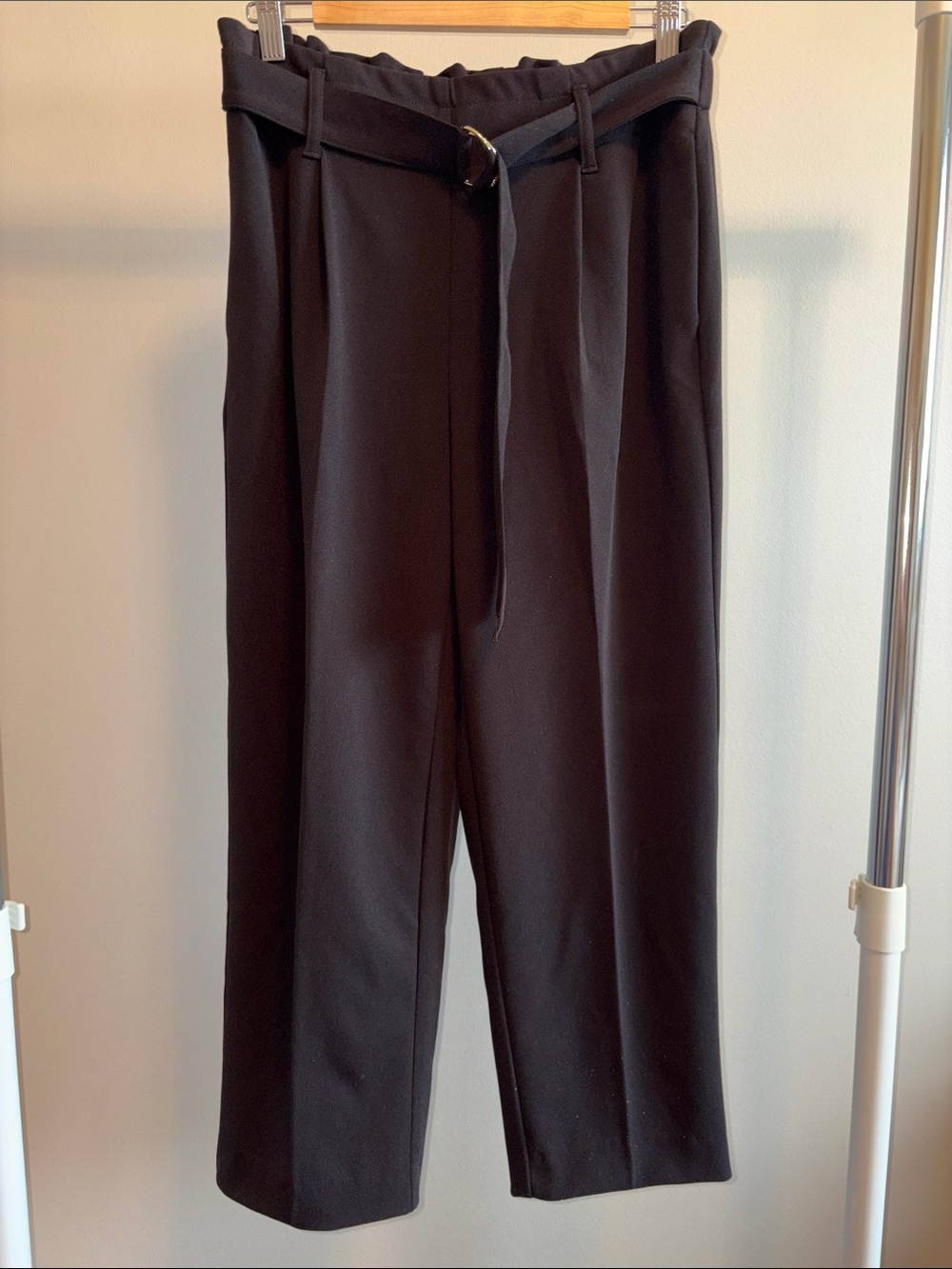 Anne Klein Petite Black Paperbag-Waist Trousers with Self Tie Belt